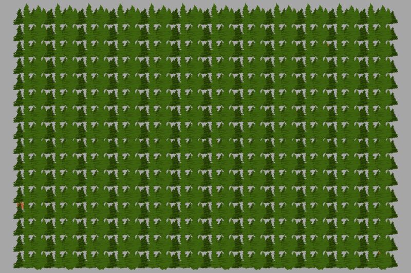 Muchos árboles que simulan un bosque, y entre ellos hay tres ardillas.