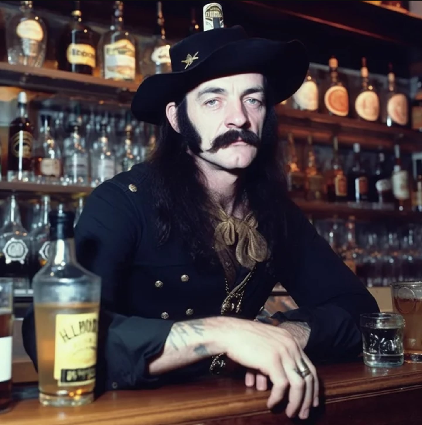 Lemmy Kilmister (líder y fundador de Mötorhead), como bartender