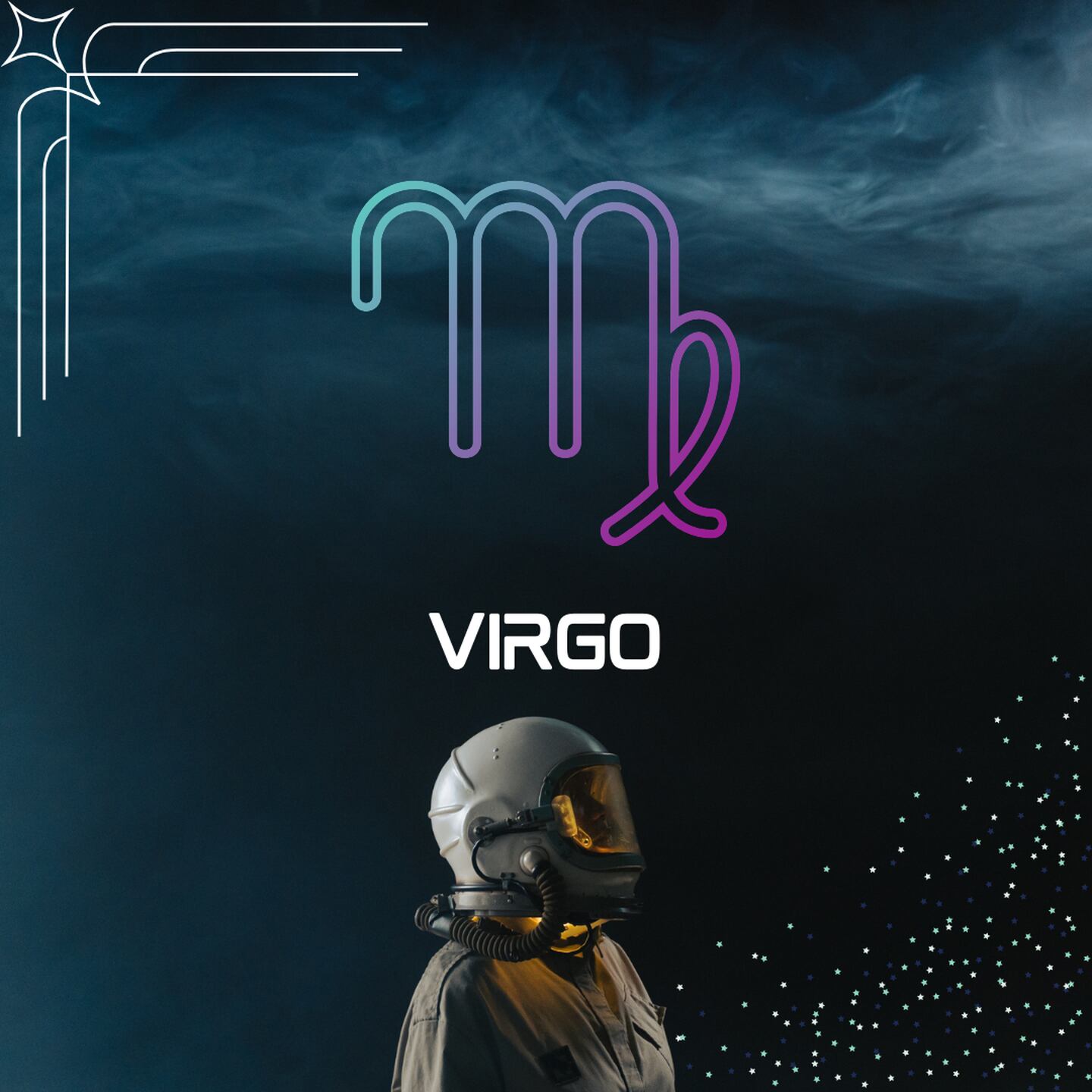 Sobre un fondo oscuro, con humo en la parte superior, aparece el símbolo de Virgo. Al centro aparece el nombre del signo en color blanco y todavía más abajo, un astronauta está mirando hacia la derecha.
