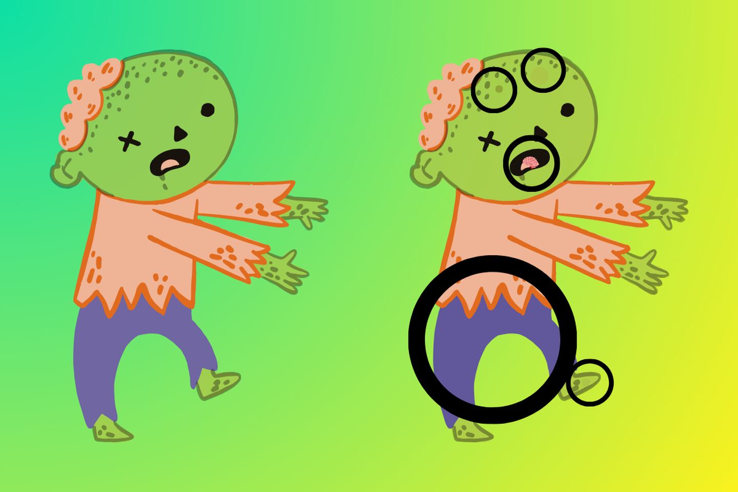 En este test visual hay dos zombies, pero uno tiene 5 cosas que lo diferencian del otro.