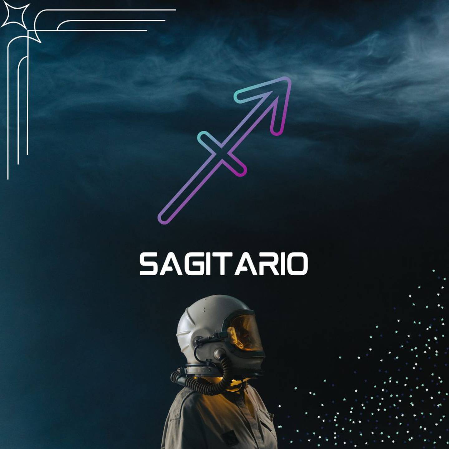 Sobre un fondo oscuro, con humo en la parte superior, aparece el símbolo de Sagitario. Al centro aparece el nombre del signo en color blanco y todavía más abajo, un astronauta está mirando hacia la derecha.
