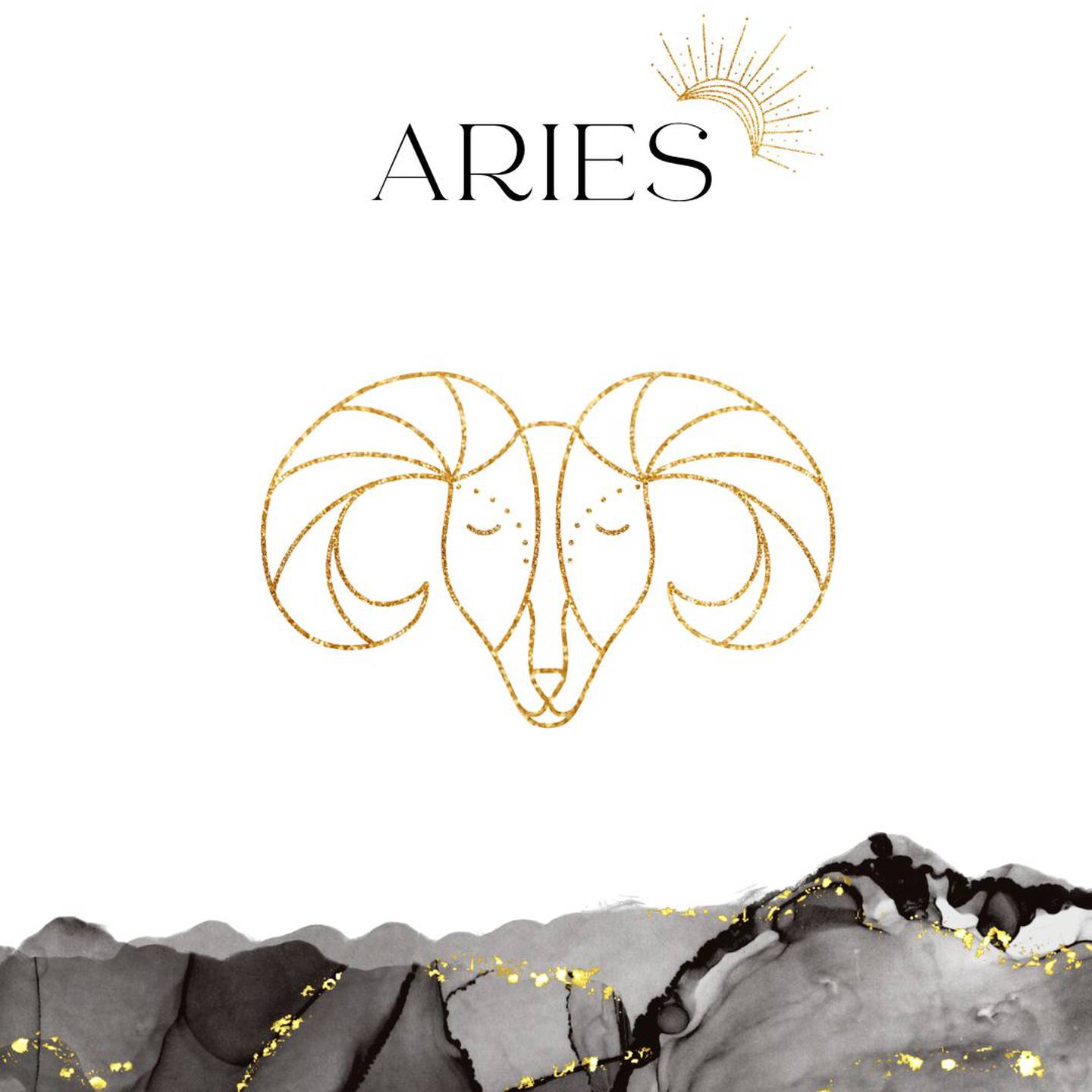 Palabra 'ARIES' en letras grandes y negras en el centro. Debajo, símbolo del signo de Aries: un carnero en dorado.
