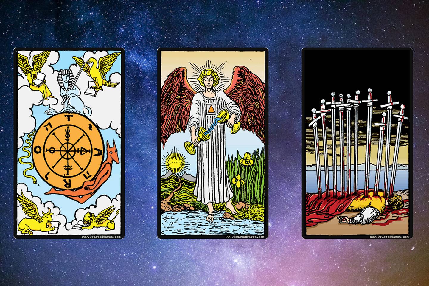Elige una carta del Tarot: La Rueda de la Fortuna, La Templanza y Diez de Espadas (de izquierda a derecha).