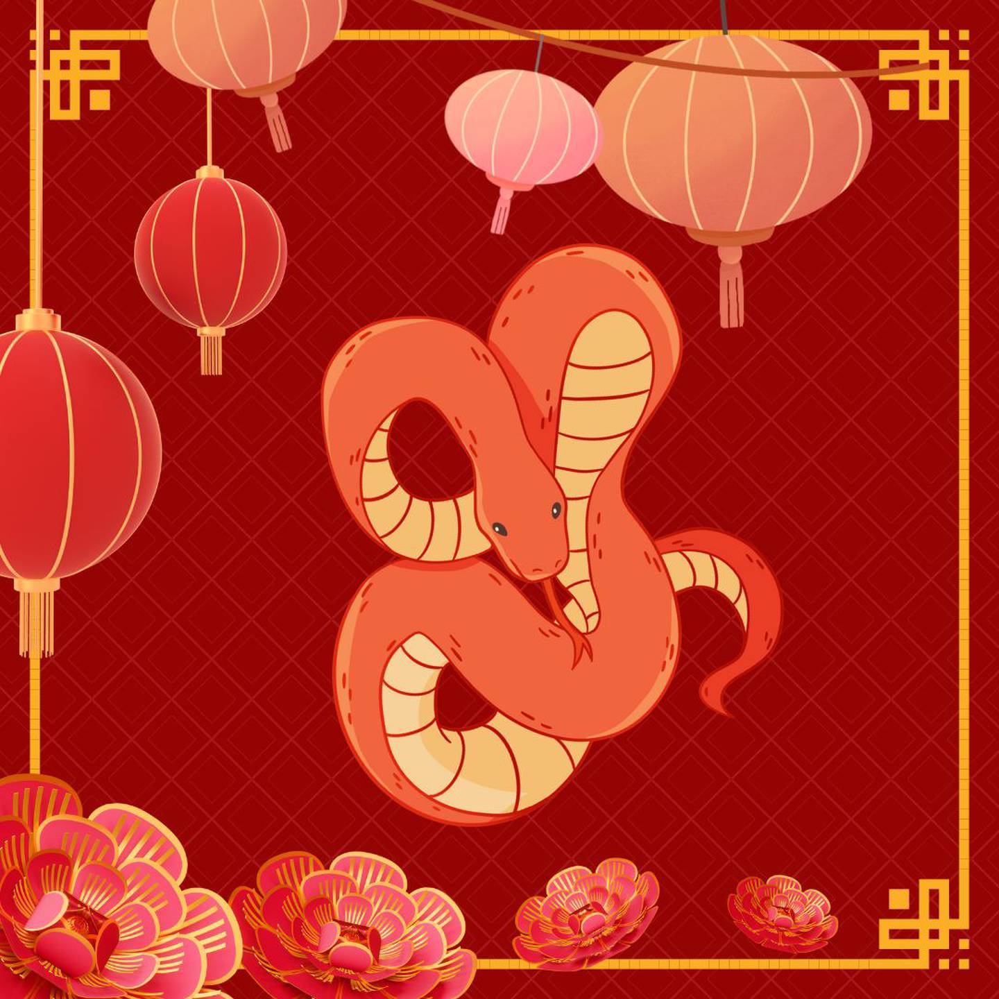 Caricatura de una serpiente sobre un fondo rojo con motivos orientales.