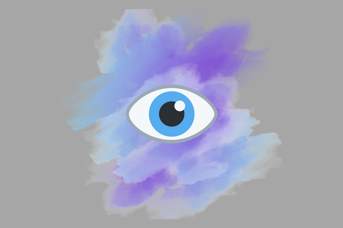 mancha morada y azul sobre un fondo gris. También aparece un ojo celeste en la imagen.