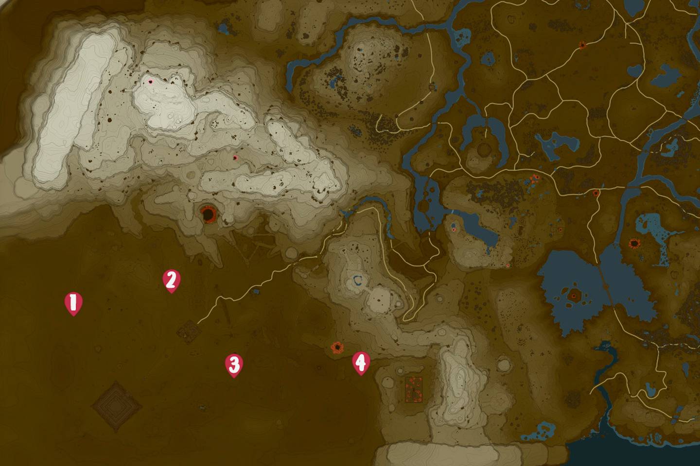 Mapa con las 4 ubicaciones donde se encentra el subjefe Moldora de Zelda: Tears of the Kingdom.