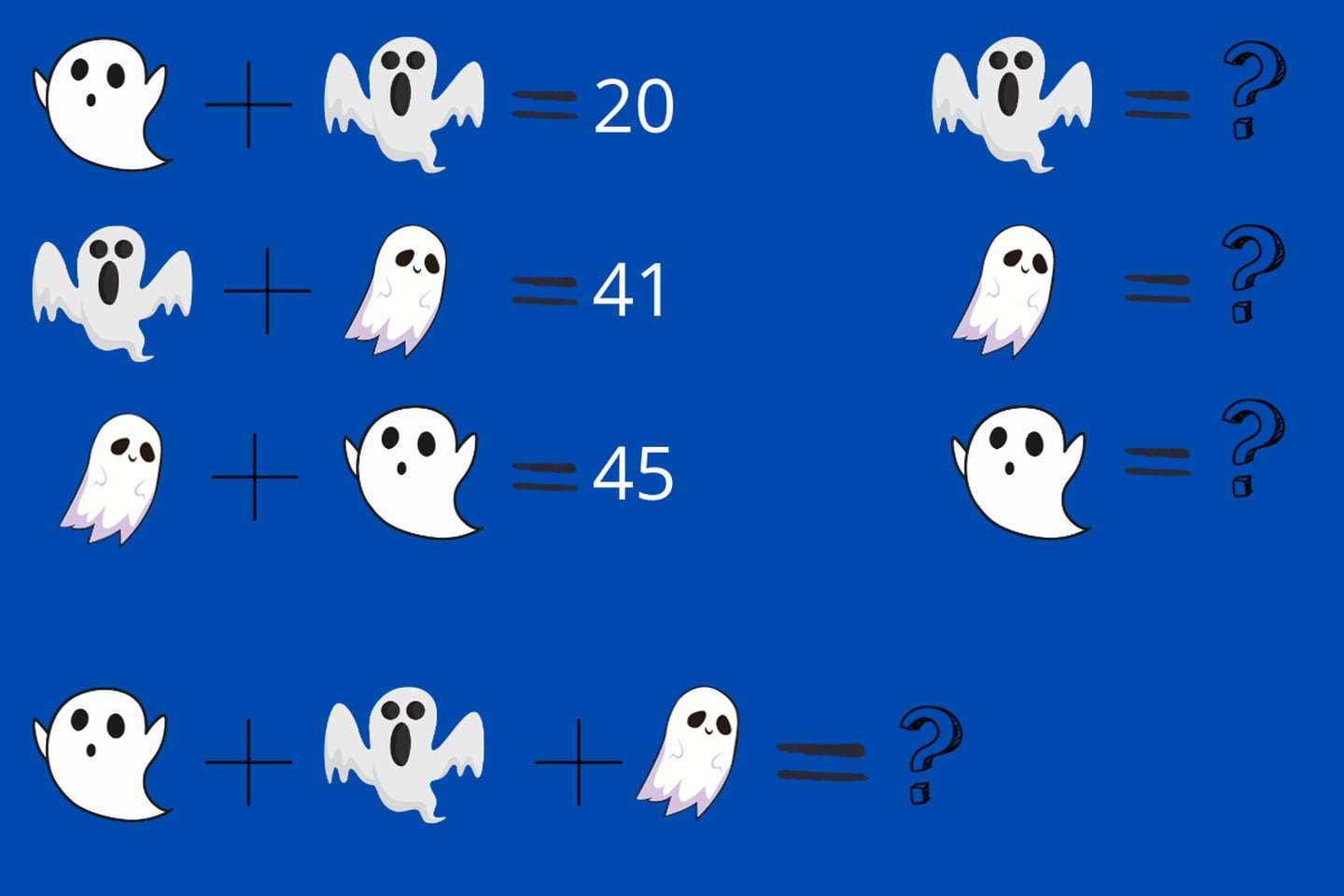 Fantasmas de diferentes tipos a los que se les asigna un número incógnito y sumados dan un número final que debes descubrir.