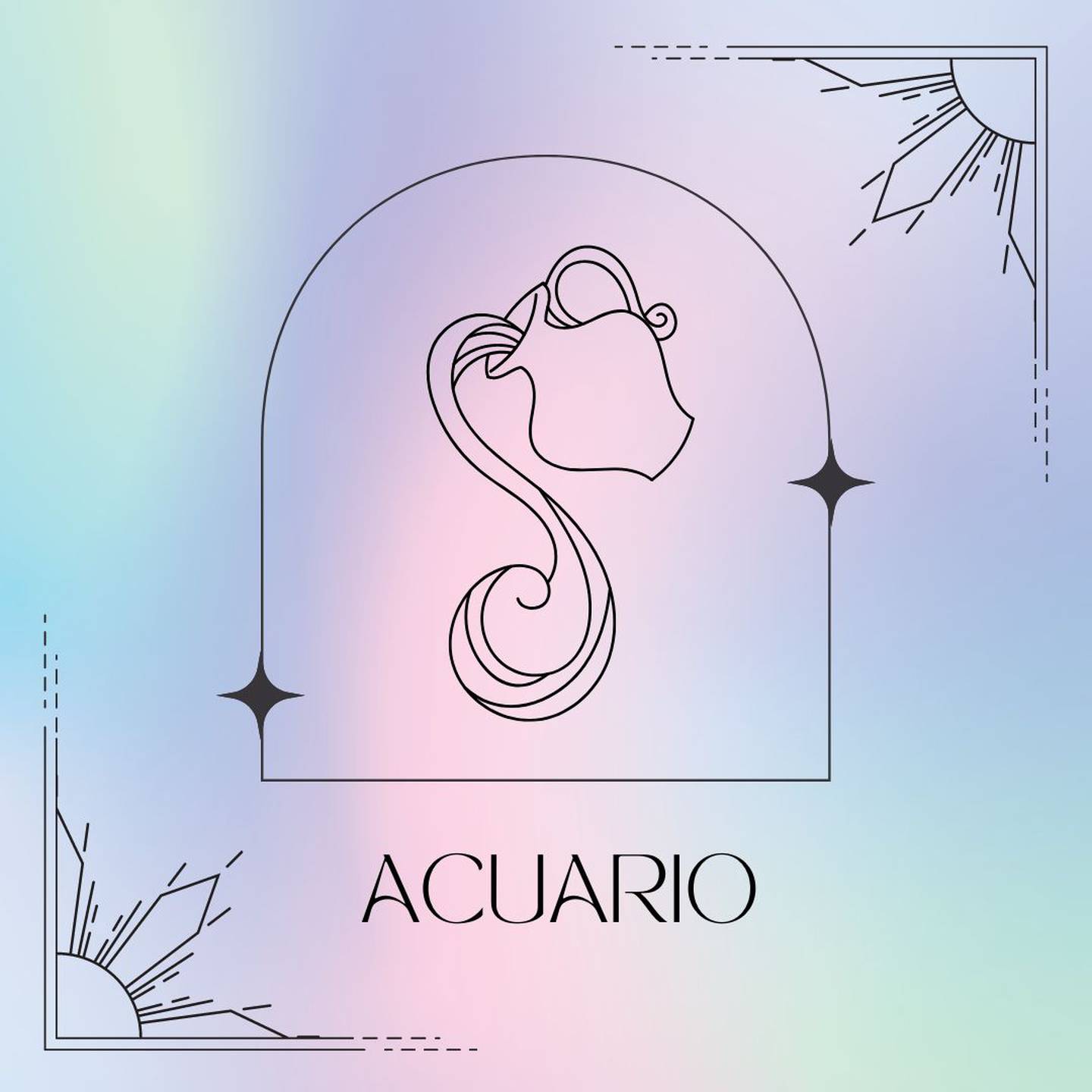 Dibujado en negro, el símbolo de Acuario aparece enmarcado sobre un fondo de suaves colores pastel.