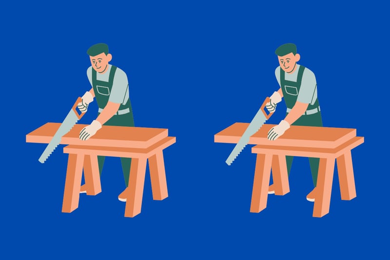 En este test visual se ven dos ilustraciones  que parecen iguales, donde hay un hombre aserruchando madera en una mesa.