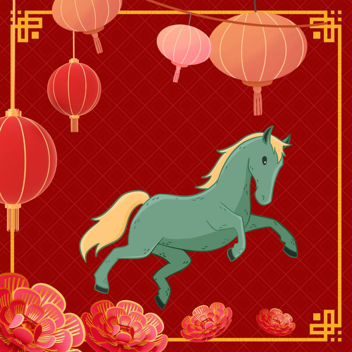 Caricatura de un caballo gris de pelo rubio sobre un fondo rojo, con motivos orientales.