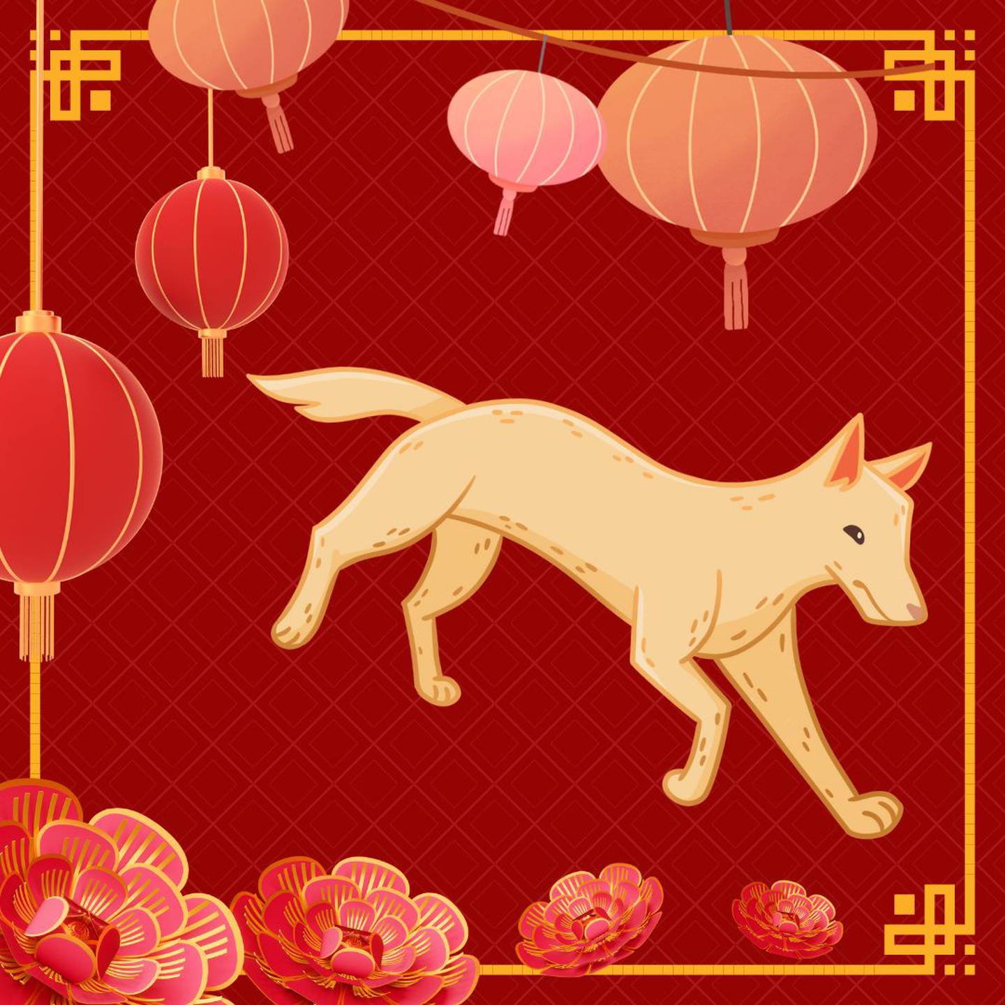 Caricatura de un perro sobre un fondo rojo con motivos orientales.