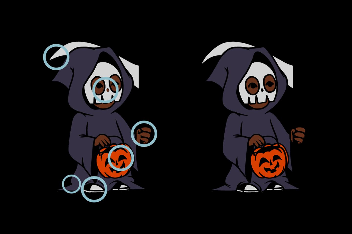 Dos dibujos de niños disfrazados para Halloween, que parecen iguales, pero tienen seis diferencias.