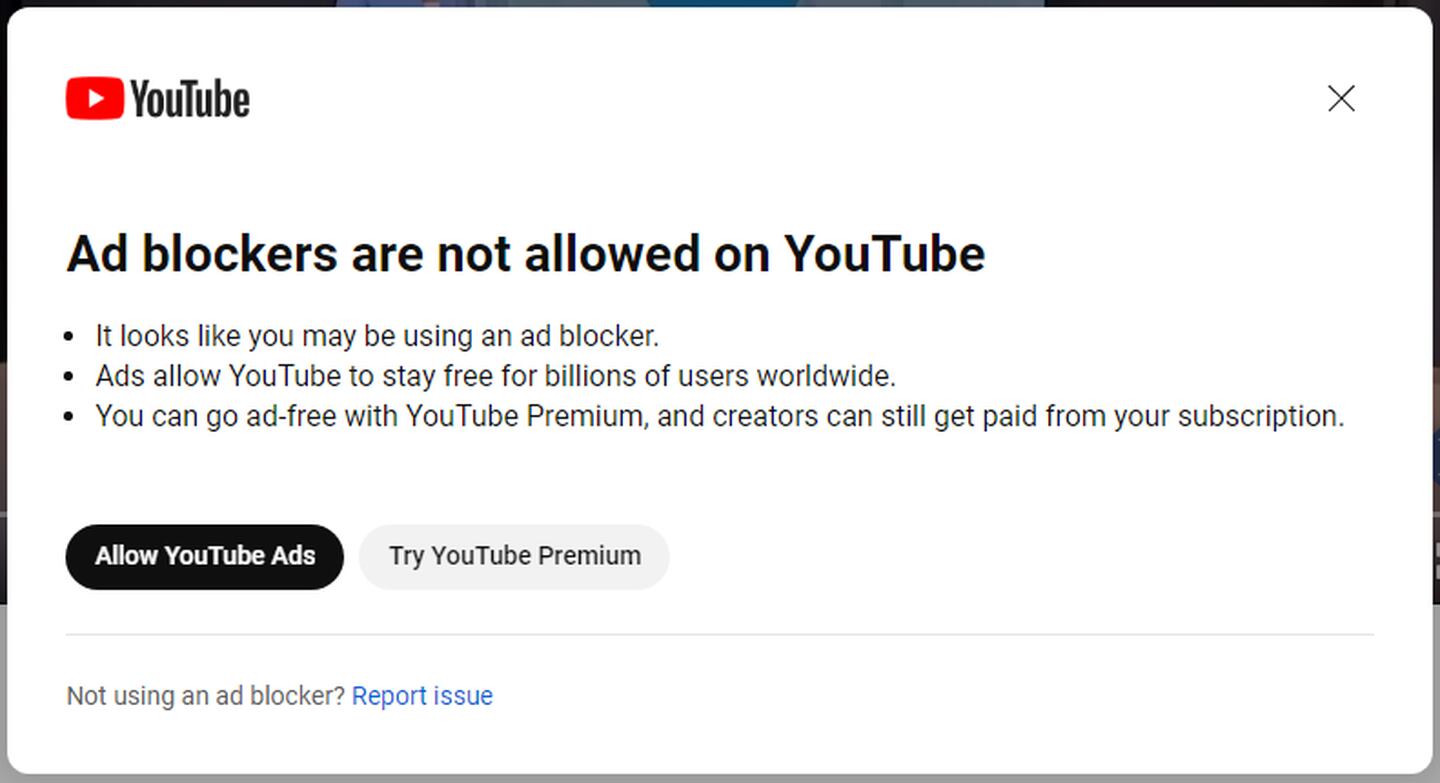 Mensaje que aparecerá si estás usando bloqueadores de anuncios en YouTube.