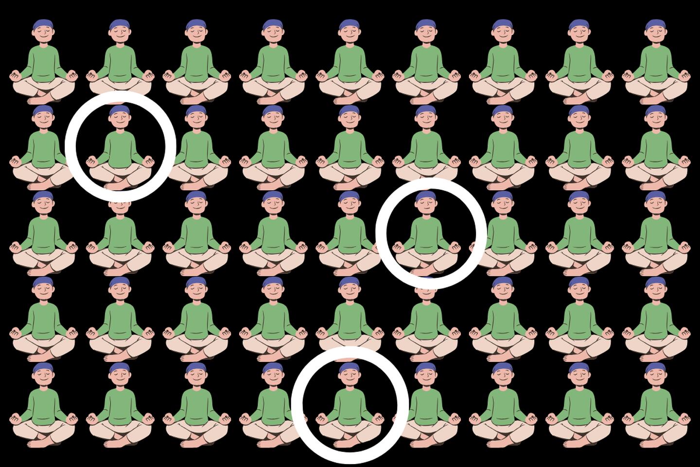En este test visual pareciera que hay muchos hombres iguales meditando, pero hay tres que se diferencian en pequeños detalles.