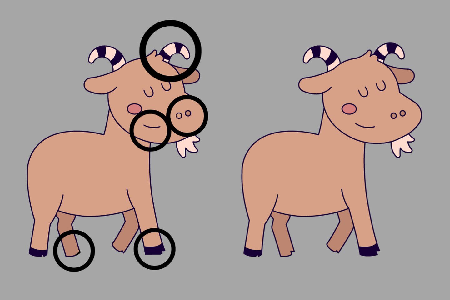 Dos dibujos de cabras que parecen iguales, pero tienen cinco diferencias entre ellas, que están destacadas con círculos negros.