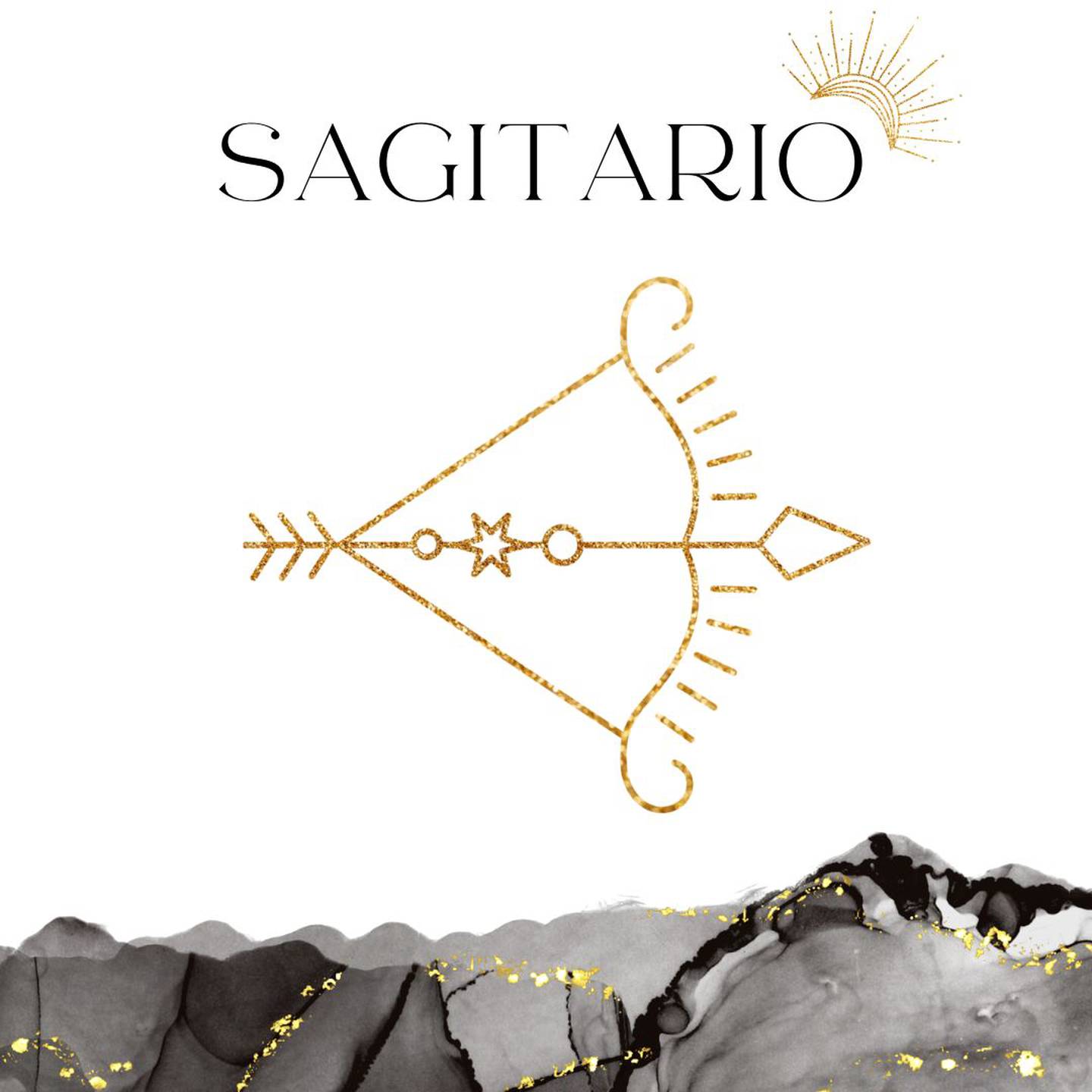 Palabra 'SAGITARIO' en letras grandes y negras en el centro. Debajo, símbolo del signo de Sagitario: un arco y flecha en dorado.
