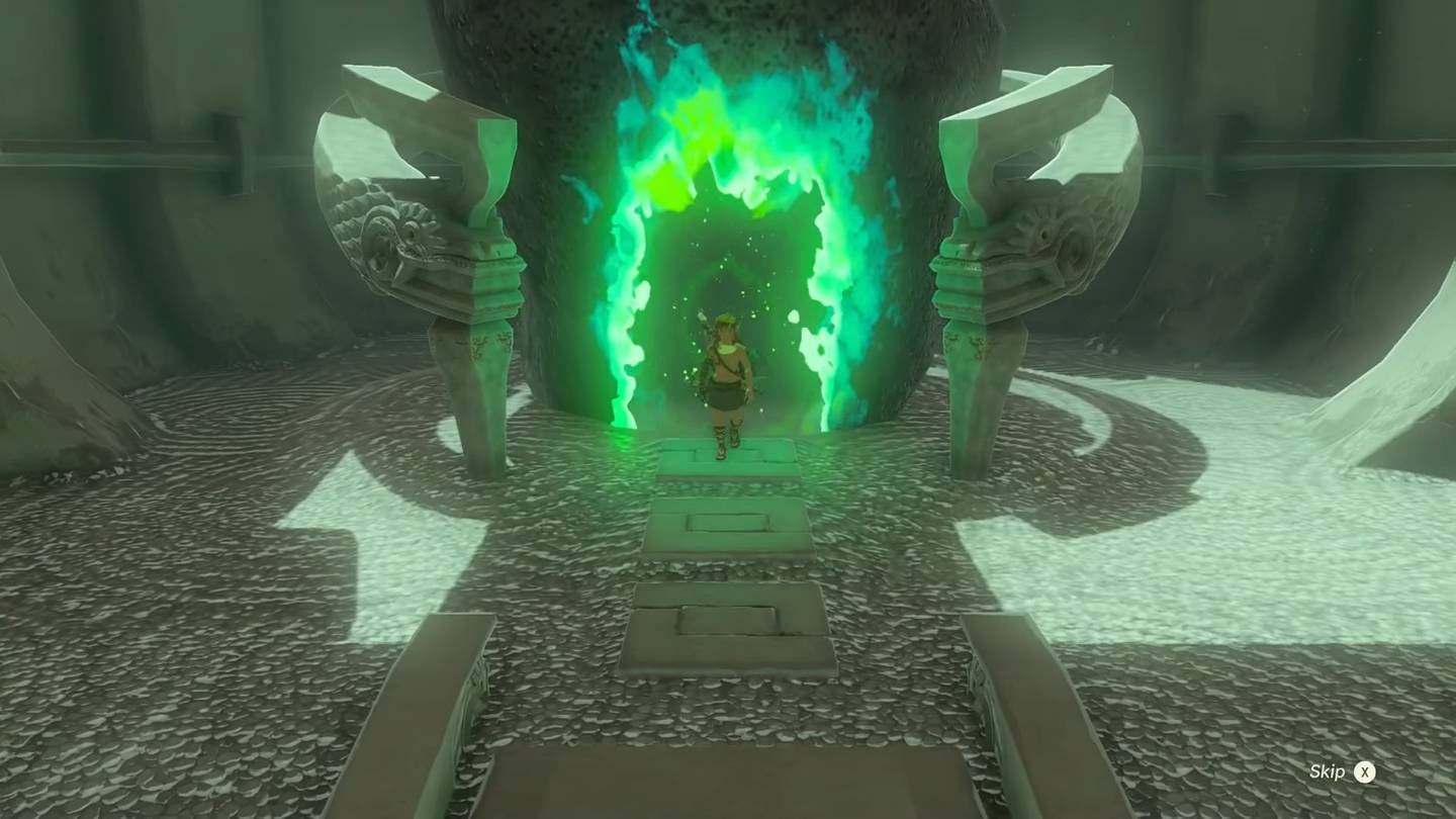 Link saliendo de un Santuario en Farone.