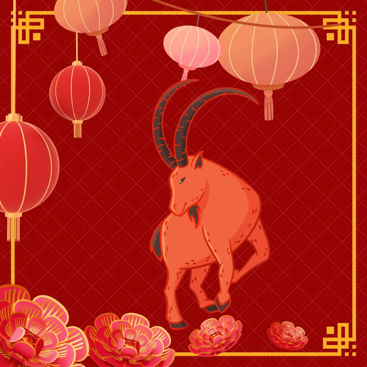 Caricatura de una cabra roja, sobre fondo rojo con motivos orientales.