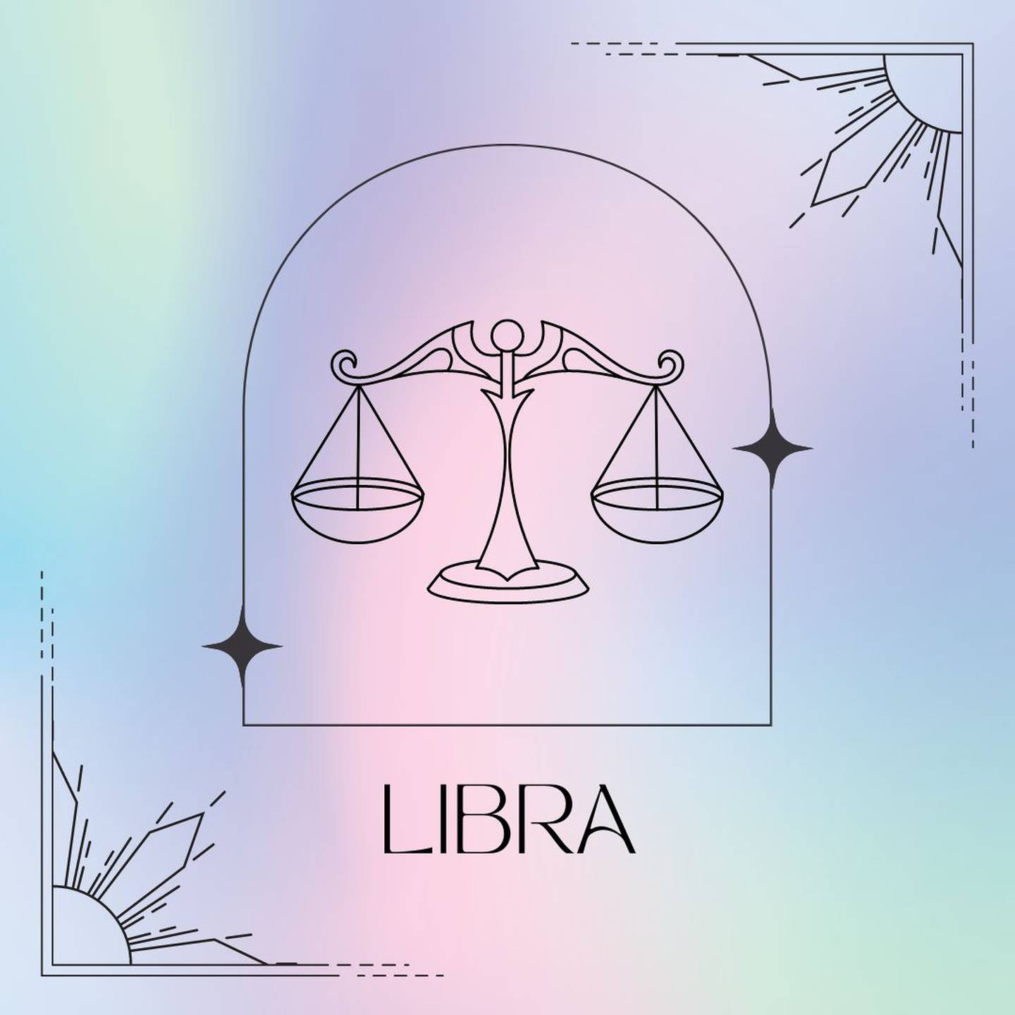 Dibujado en negro, el símbolo de Libra aparece enmarcado sobre un fondo de suaves colores pastel.