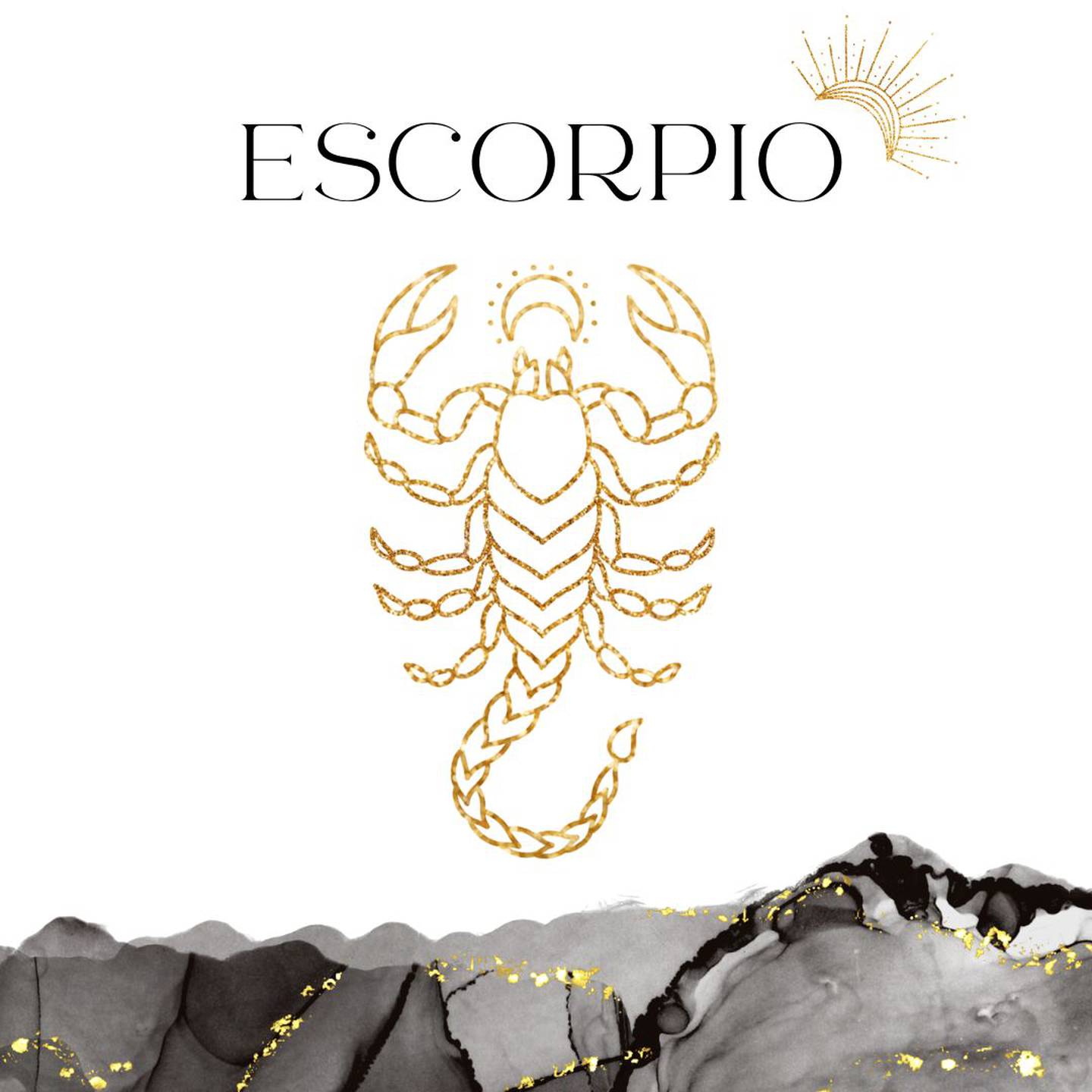 Palabra 'ESCORPIO' en letras grandes y negras en el centro. Debajo, símbolo del signo de Escorpio: un escorpión dorado.