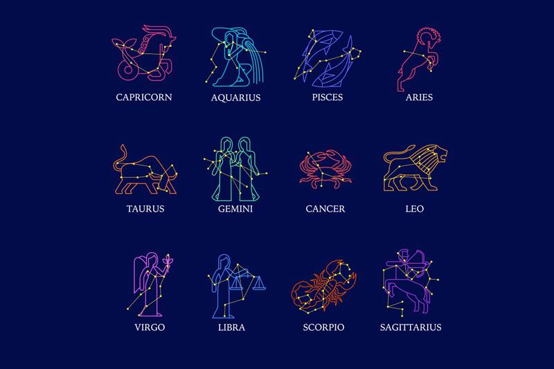 los doce signos zodiacales y sus respectivos símbolos.