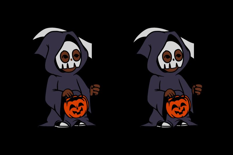 Dos dibujos de niños disfrazados para Halloween, que parecen iguales, pero tienen seis diferencias.