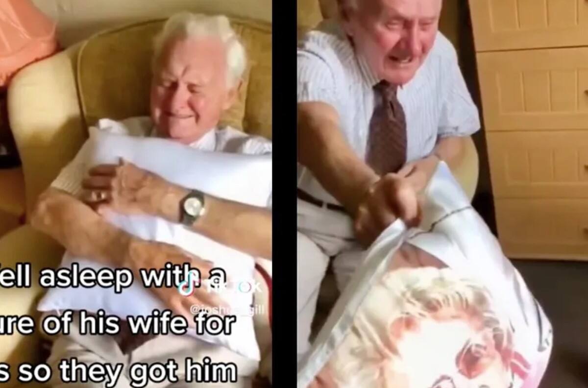 Abuelito rompe en llanto al recibir almohada con rostro de su esposa fallecida y se hace viral| VIDEO