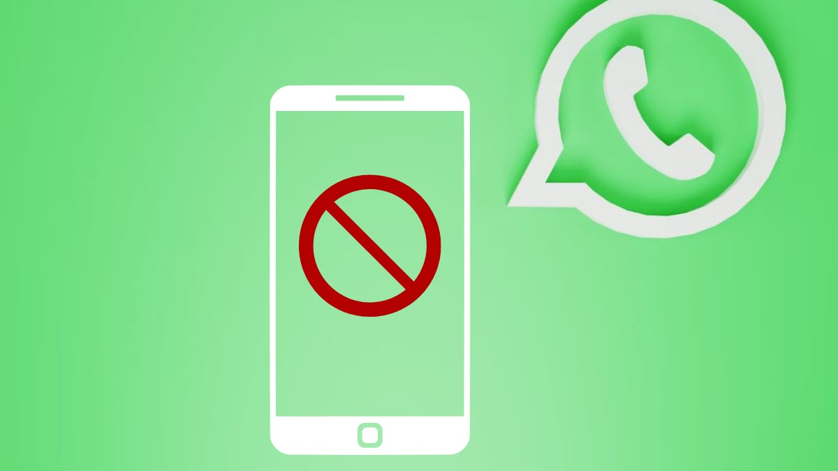 Teléfono con un no encima sobre un fondo verde con el logo de WhatsApp al lado.