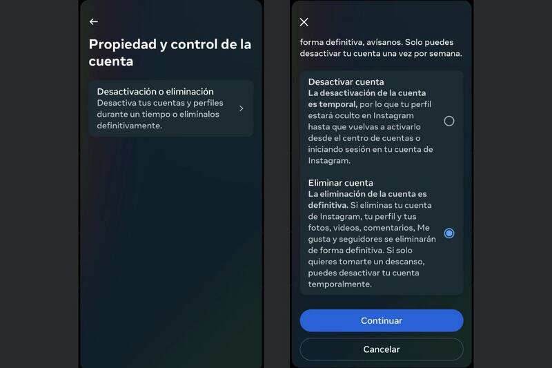 Deberás seleccionar la opción de "Eliminar cuenta" en Instagram.