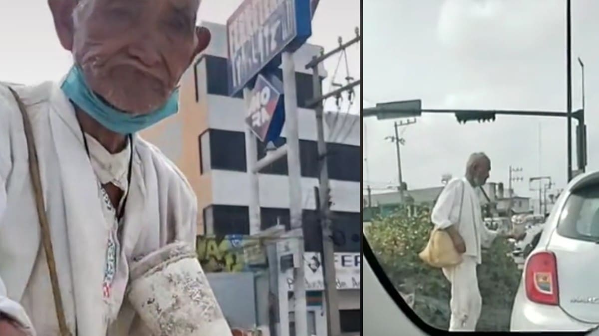 VIDEO: Abuelito se vuelve viral por solo aceptar monedas de 10 pesos en el semáforo