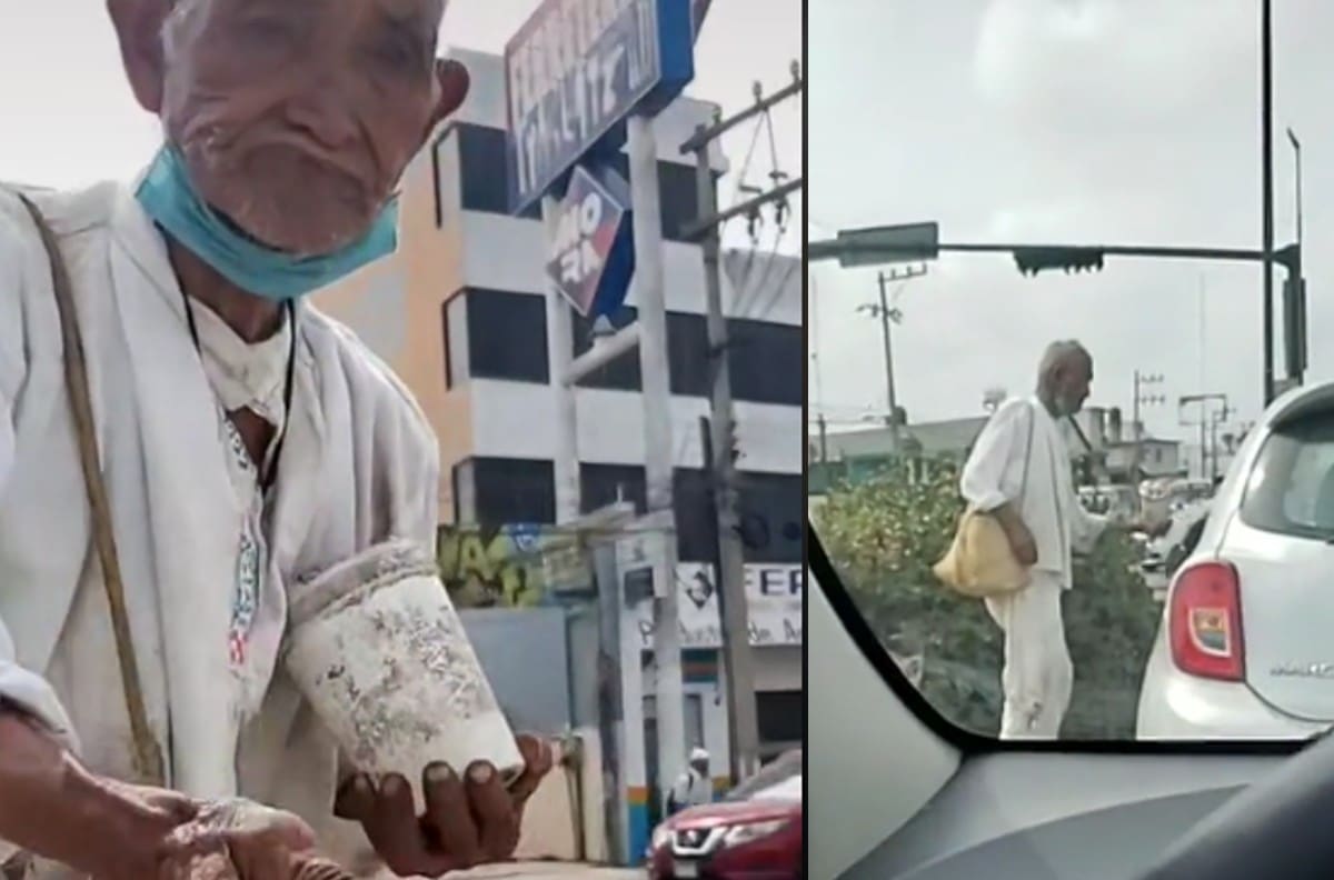 VIDEO: Abuelito se vuelve viral por solo aceptar monedas de 10 pesos en el semáforo