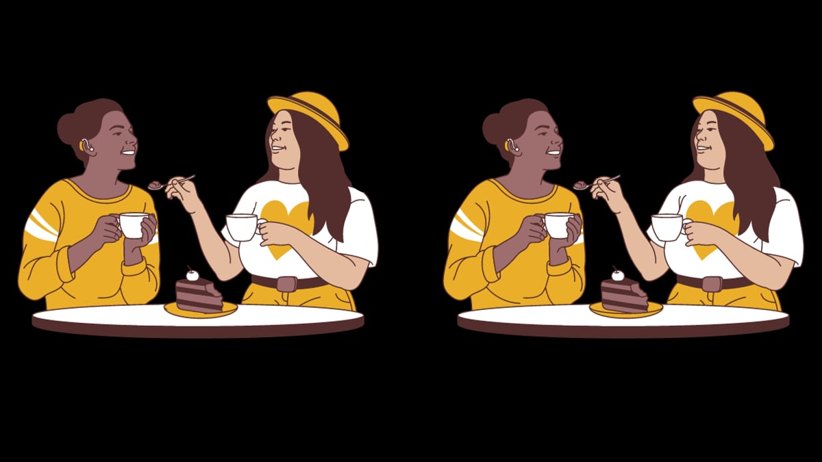 Dos ilustraciones que parecen iguales, en la que se ven dos amigas tomando café, pero tienen 5 diferencias.