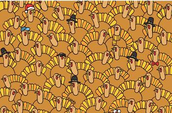 Acertijo visual: ¿Puedes encontrar a la calabaza escondida entre los pavos?