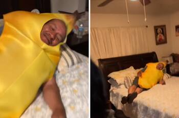 VIDEO| Hombre disfrazado de plátano sorprende a su esposa y se viraliza