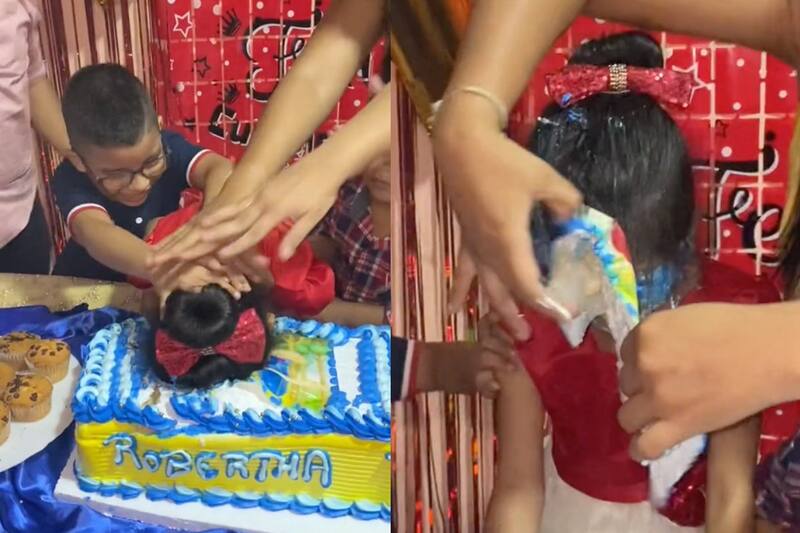 Así aventaron a esta niña a su pastel de cumpleaños.
