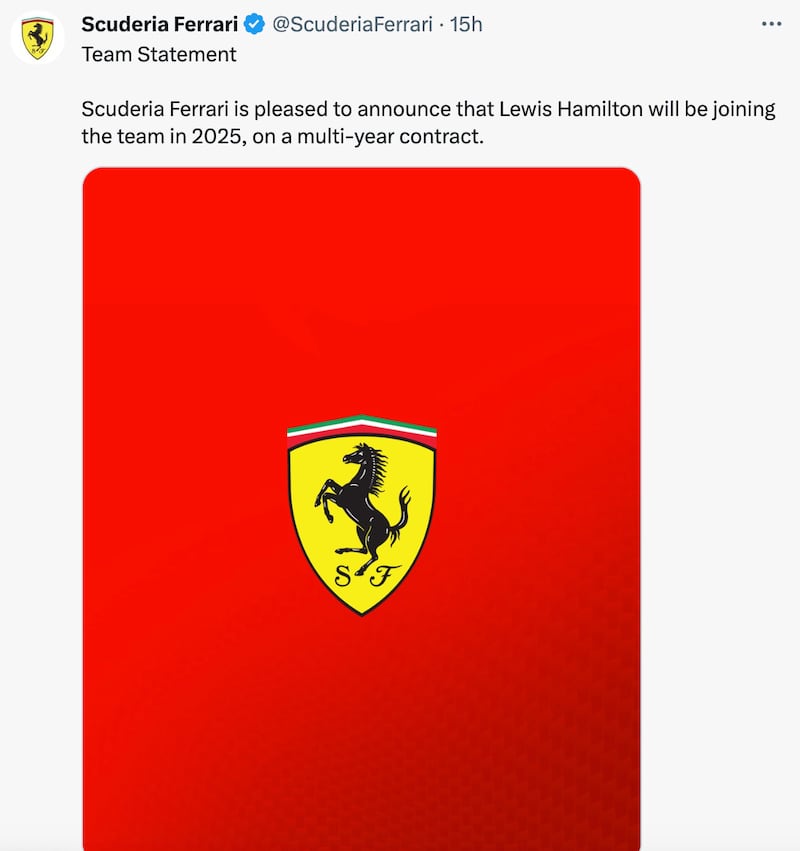 Anuncio de Ferrari por la contratación de Lews Hamilton.