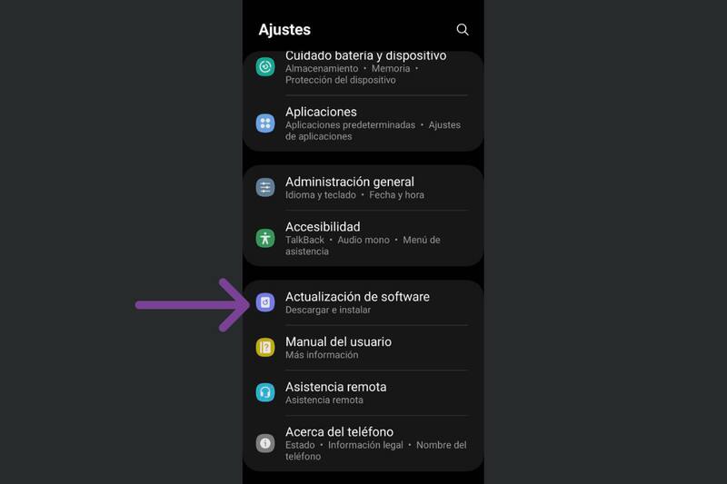 En Samsung, la opción para actualizar tu sistema operativo aparecerá directamente en el menú de Ajustes.