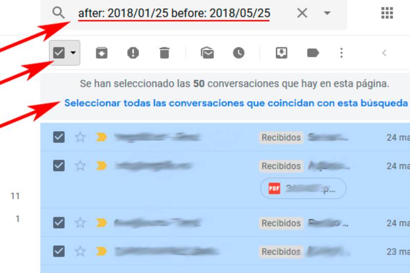 Así se inserta un comando en el buscador para encontrar correos en una fecha específica.