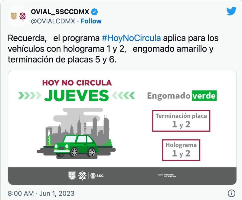 Estos son los vehículos que no podrán circular este jueves 1 de junio en CDMX según el programa Hoy no Circula.