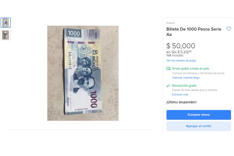 Oferta de Mercado Libre del billete de mil en 50 mil pesos