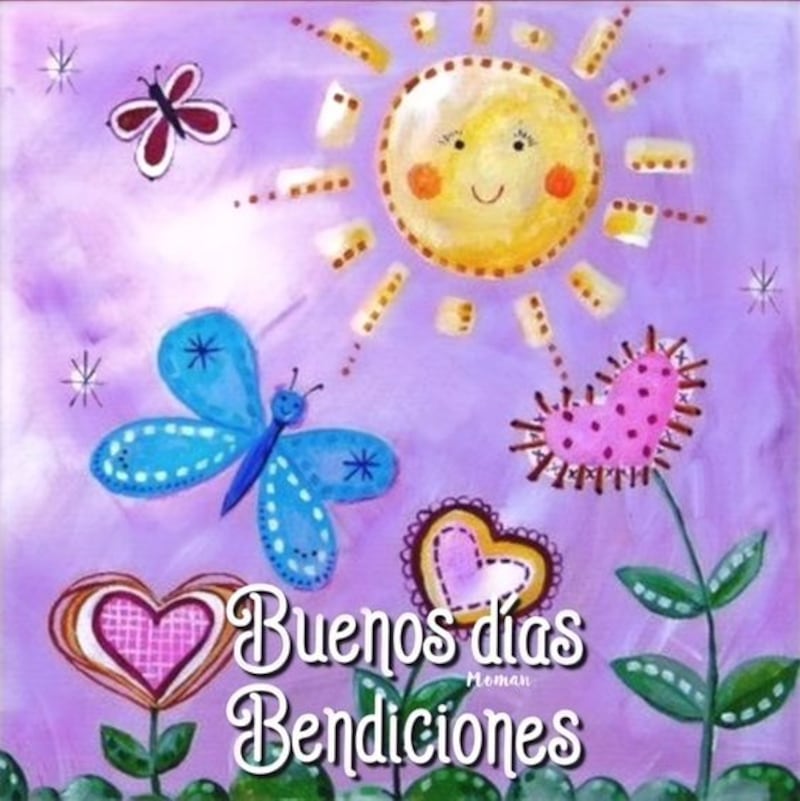 Flores, mariposa y sol con el texto "Buenos días, bendiciones".