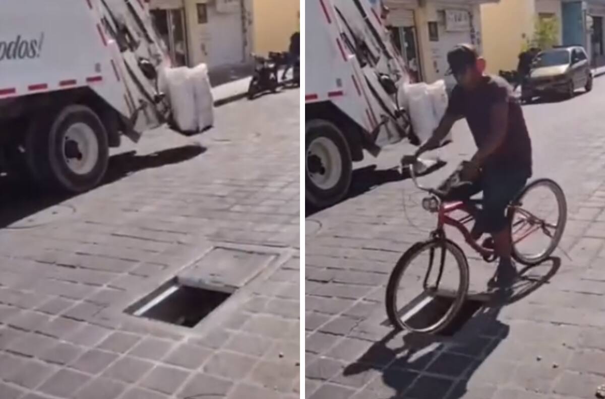 VIDEO| Ciclista cae en una coladera y se vuelve viral