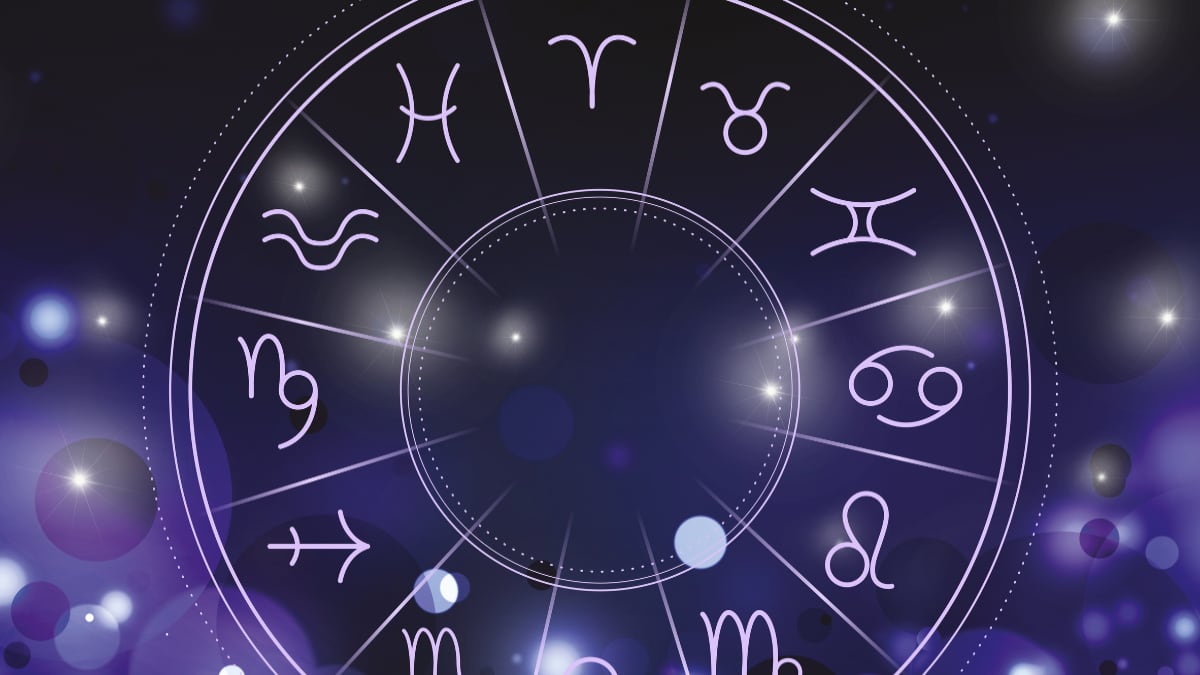 mandala zodiacal sobre un fondo morado, donde se muestran los doce signos zodiacales.