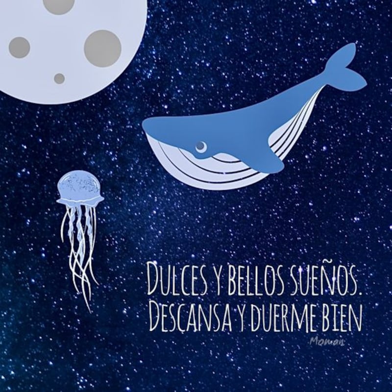 Una ballena en el espacio junto a la Luna y la frase "dulces y bellos sueños. Descansa y duerme bien".