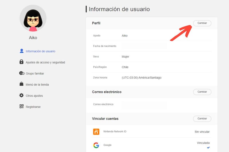 Selecciona "Cambiar". Créditos: Nintendo