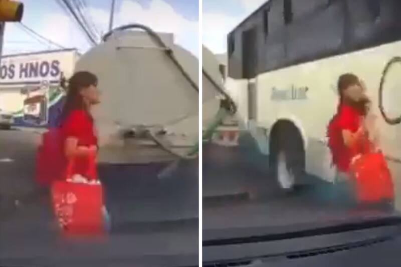 Captan el momento en el que mujer estuvo cerca de sufrir accidente.
