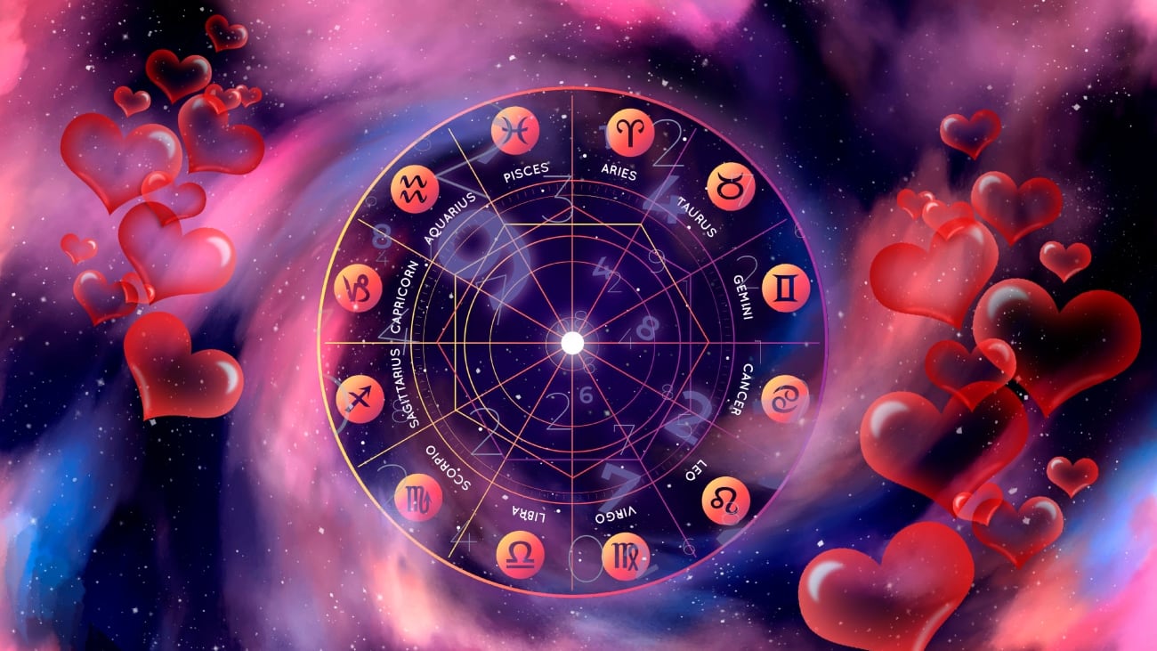 Horóscopo del amor - Rueda del zodiaco rodeada dee corazones sobre un fondo cósmico