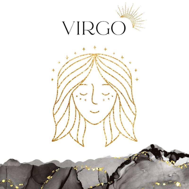 Palabra 'VIRGO' en letras grandes y negras en el centro. Debajo, símbolo del signo de Virgo: el rostro de una virgen en dorado.