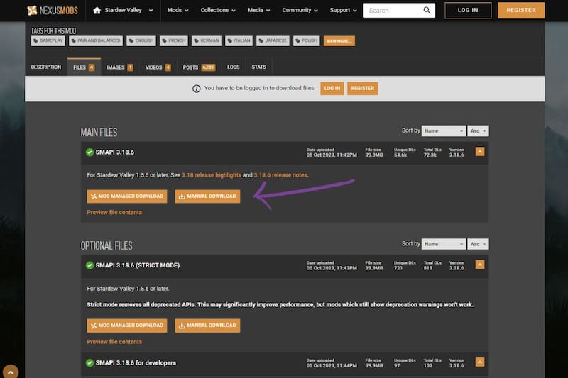 Para instalar mods en Stardew Valley, primero deberás descargar SMAPI.
