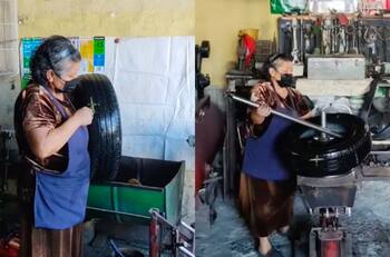 VIDEO | Abuelita reparadora de llantas se hace viral